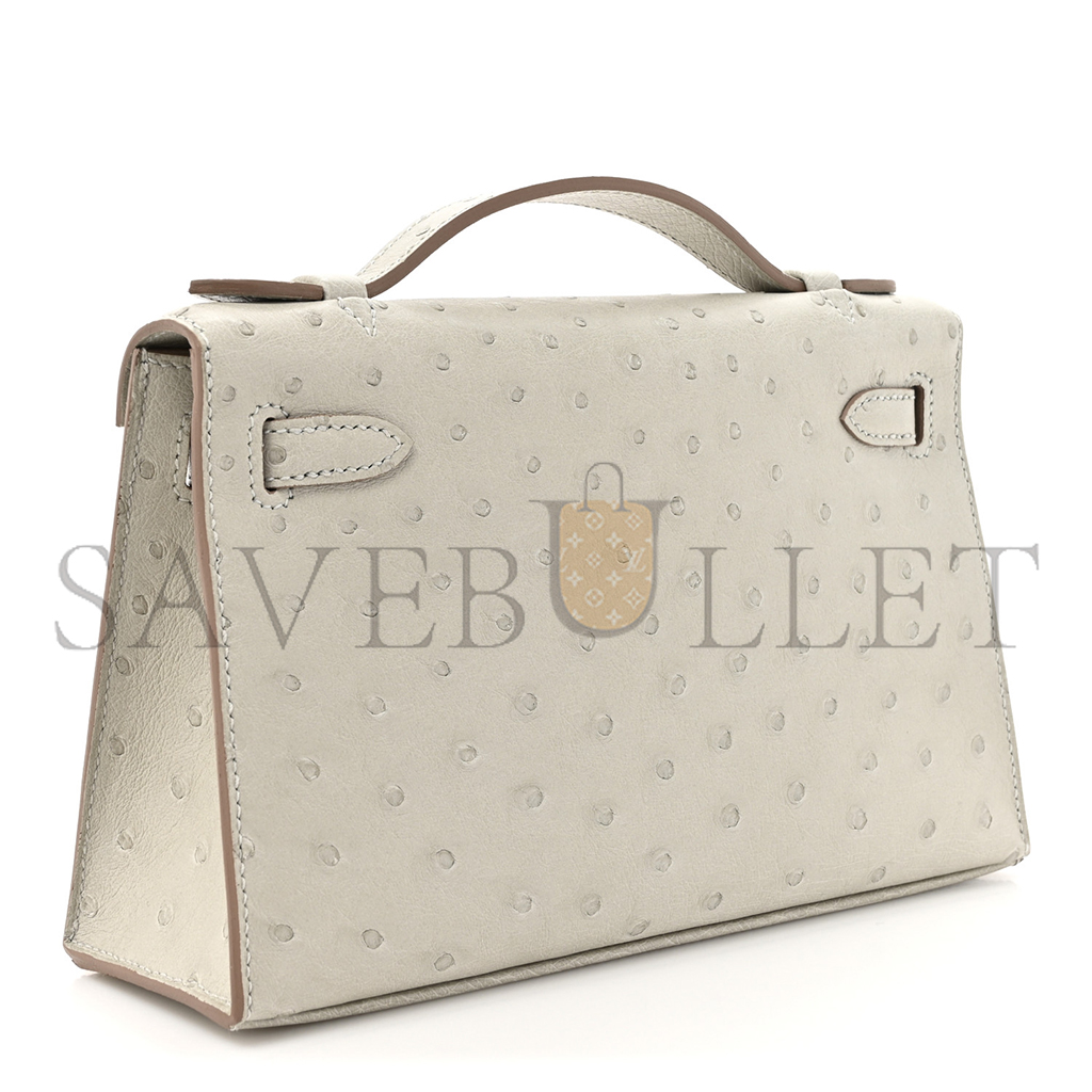 HERMÈS MASTER OSTRICH KELLY POCHETTE CLUTCH GRIS PERLE (22*14*7cm)
